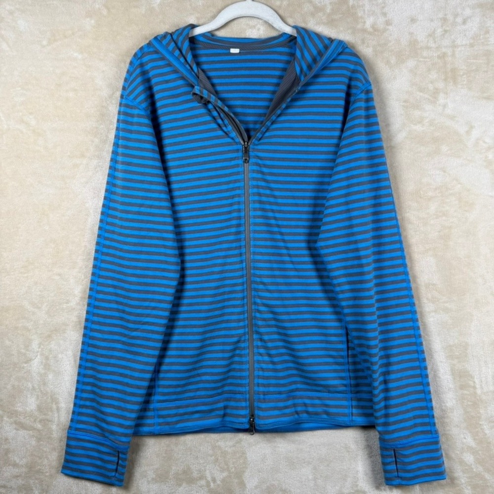Lululemon Mens M Striped Full Zip Hoodie Blue Grey Thumbholes Activewear Sporty